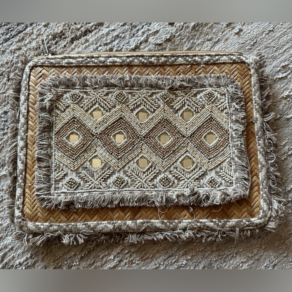 Beaded fringe woven clutch